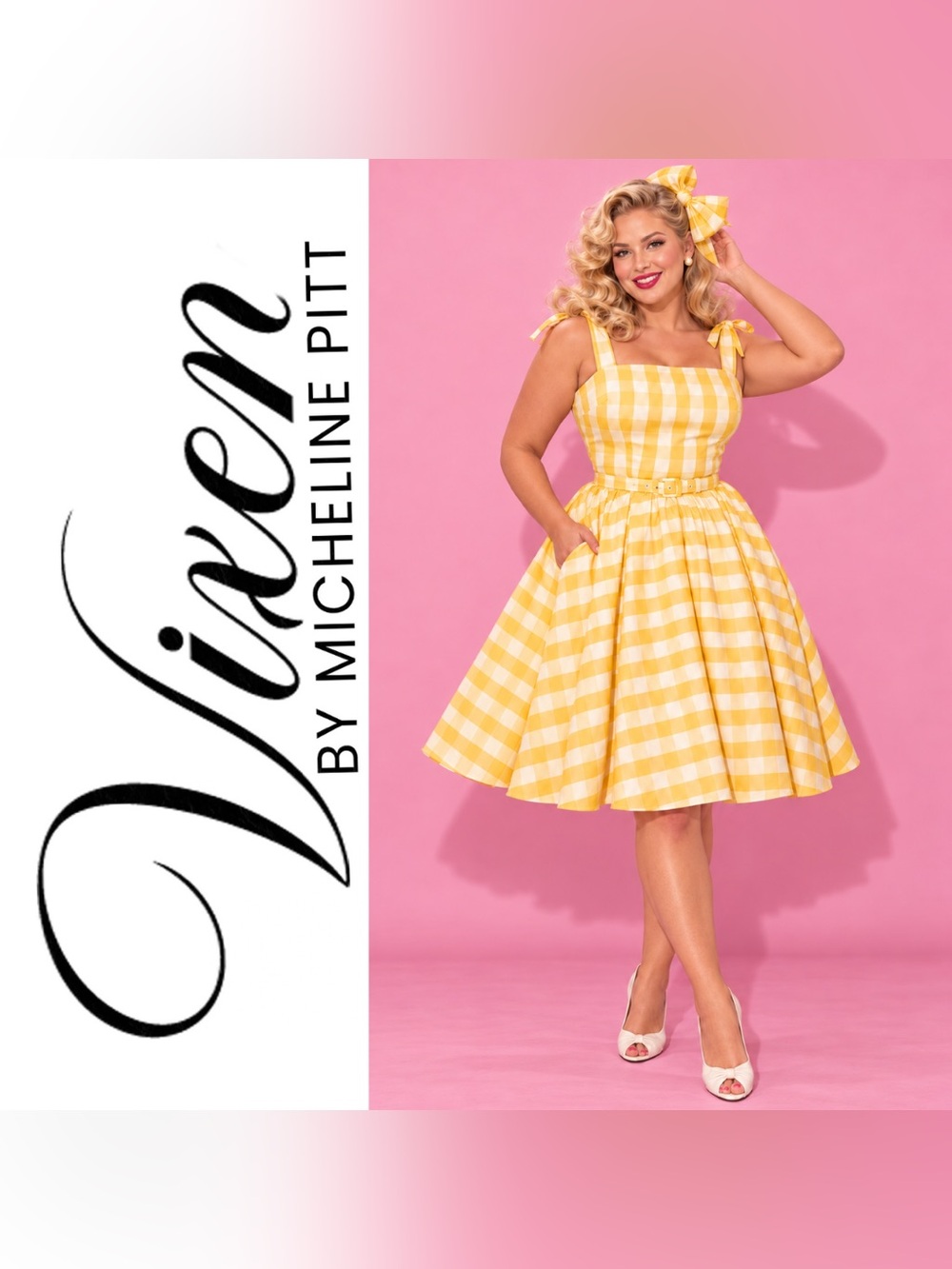Vixen by Micheline Pitt Yellow Gingham Dream House Belted Swing Dress, 2X, NWT!